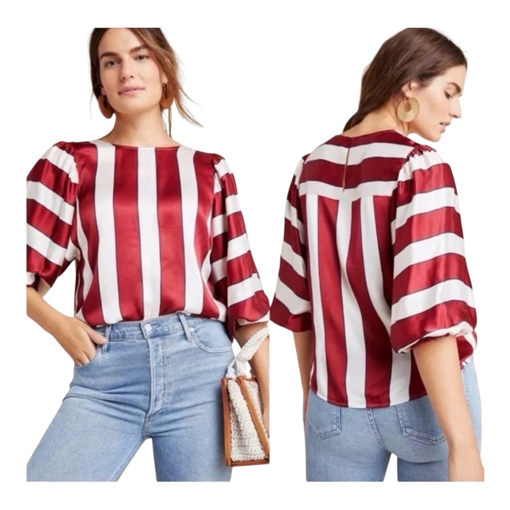 Maeve by Anthropologie Maria Balloon Sleeve Striped Satin Blouse